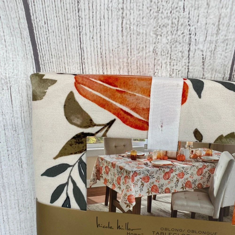 Nicole Miller Home Tablecloth 60x120 Cream Orange Pumpkin Fall Harvest Autumn